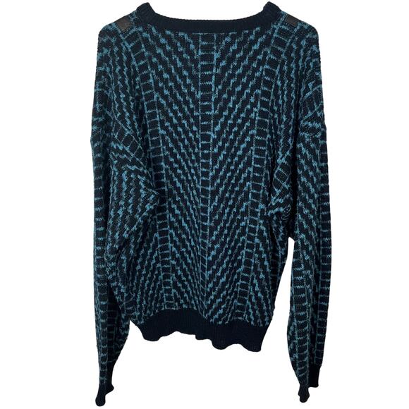 J TODD Vintahe 80s 90s Geometric Stripes Ugly Sweater Leather Panels Oversized - Picture 2 of 5